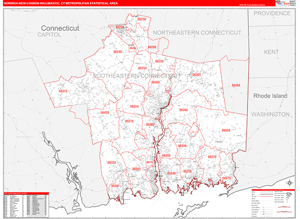 Norwich-New London-Willimantic, CT Metro Area Zip Code Map
